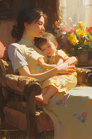 母亲节氛围感母爱母子油画