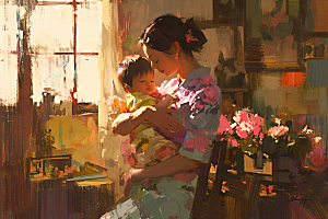母亲节氛围感母子母爱油画