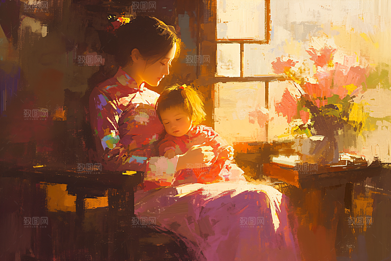 母亲节氛围感人物温馨油画