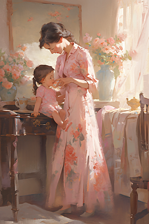 母亲节氛围感母子温馨油画