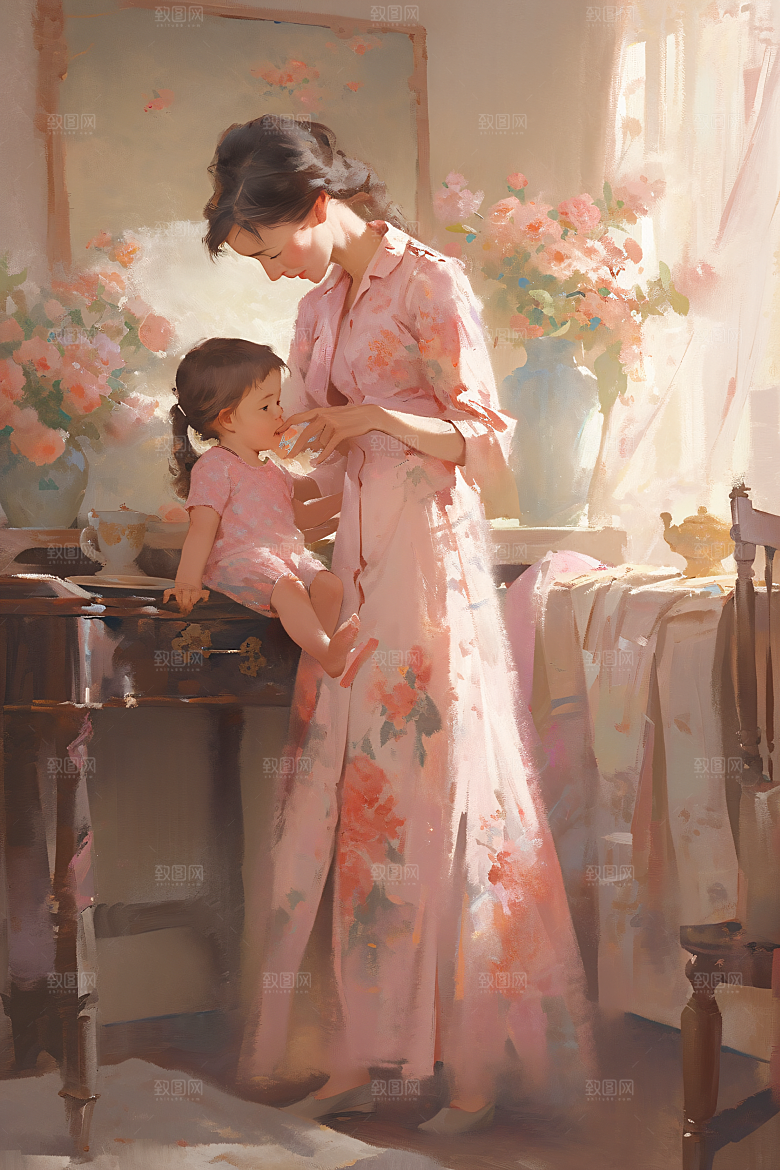 母亲节氛围感母子温馨油画