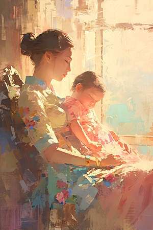 母亲节氛围感温馨家庭油画