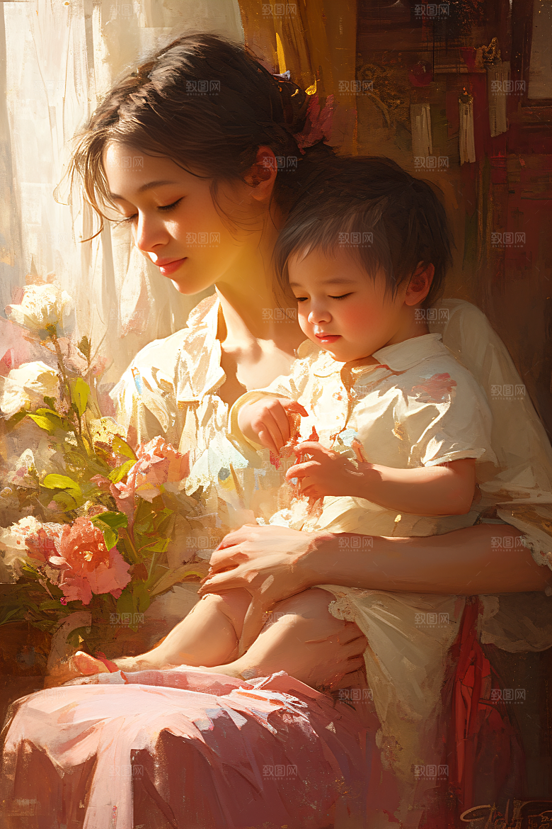 母亲节氛围感温馨人物油画