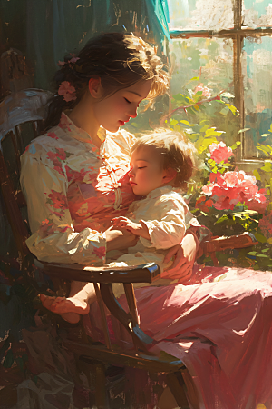 母亲节氛围感母子温情油画