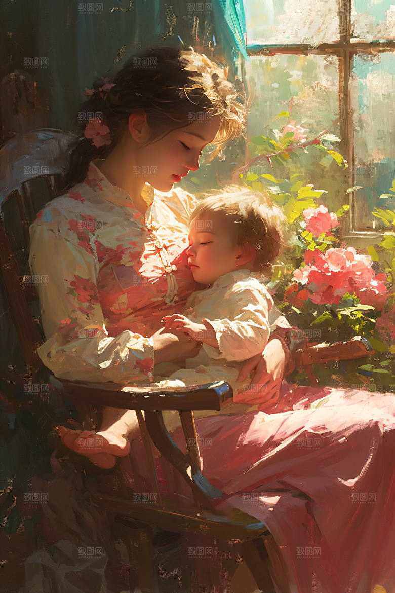 母亲节氛围感母子温情油画