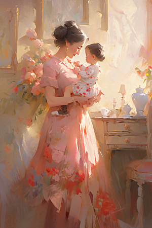 母亲节氛围感母子亲子油画