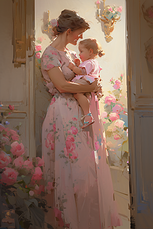 母亲节氛围感亲子温馨油画