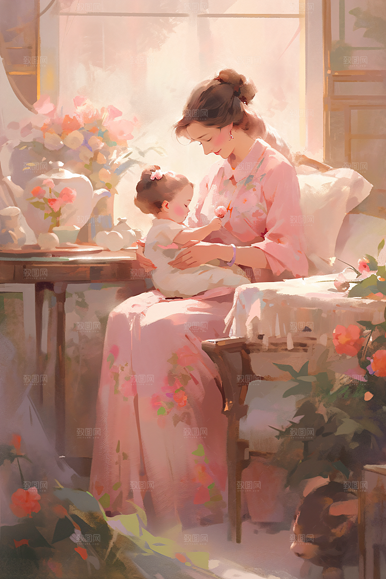 母亲节氛围感亲子亲情油画