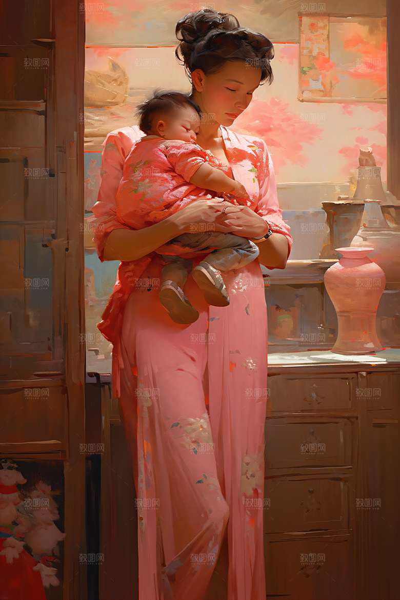 母亲节氛围感手绘亲子油画