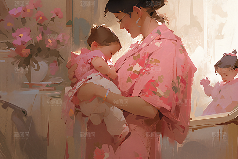 母亲节氛围感家庭母爱油画