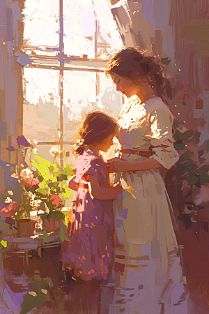 母亲节氛围感家庭手绘油画