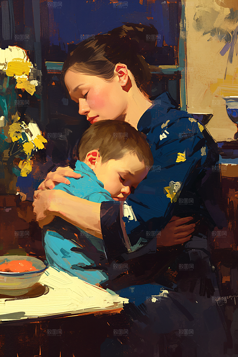 母亲节氛围感母亲与孩子手绘油画
