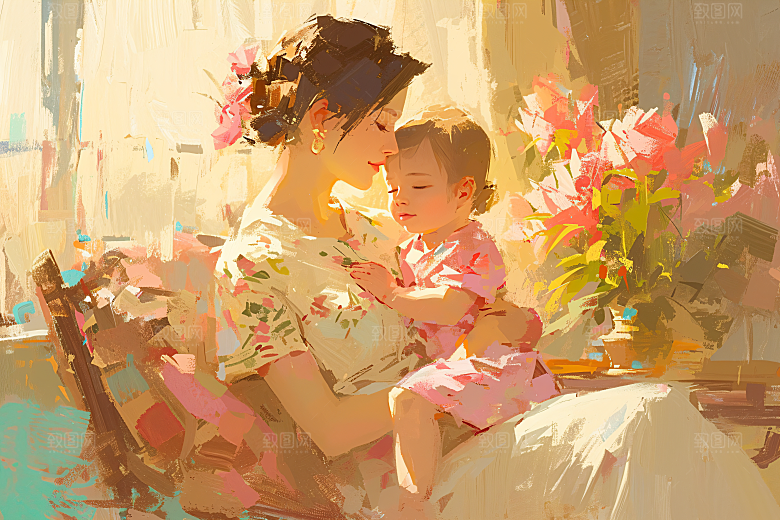 母亲节氛围感母子温情油画