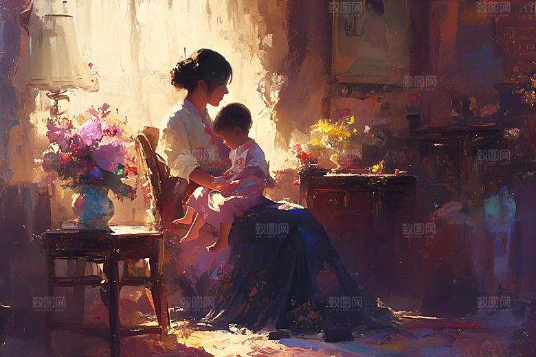 母亲节氛围感人物温馨油画