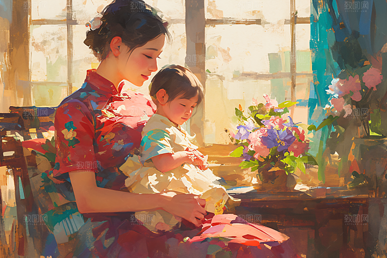 母亲节氛围感温情家庭油画
