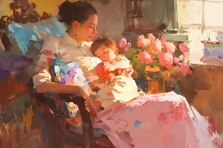 母亲节氛围感母亲与孩子温馨油画