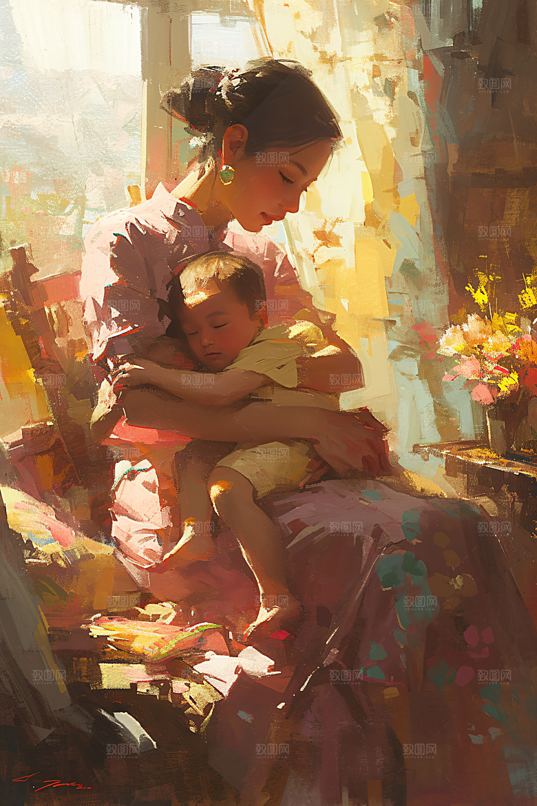 母亲节氛围感温馨家庭油画