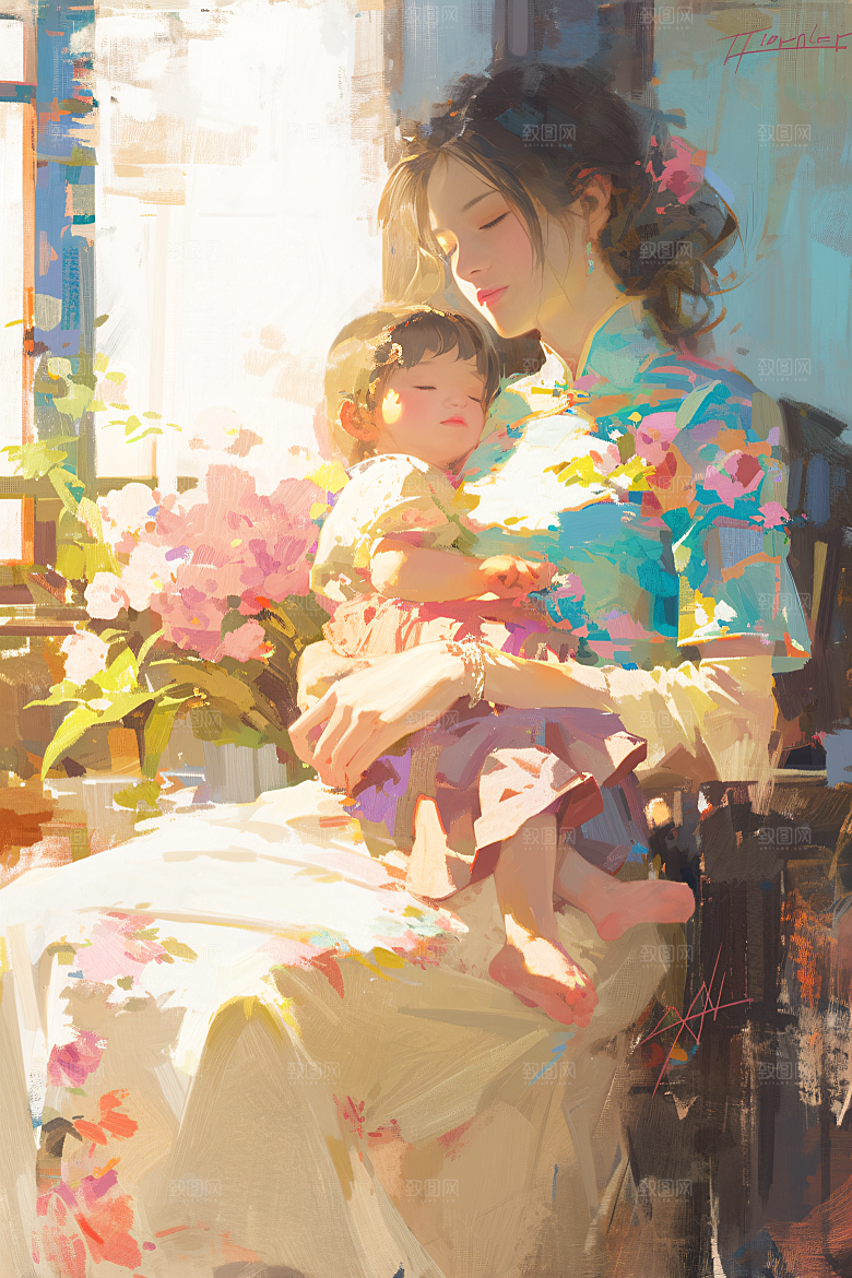 母亲节氛围感人物母子油画