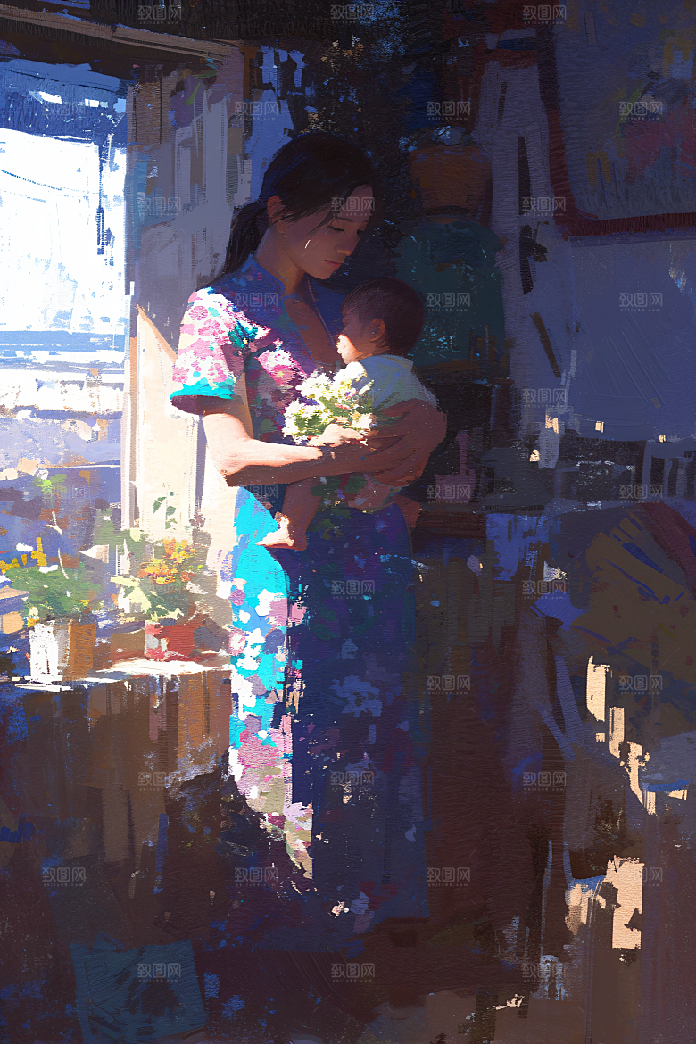 母亲节氛围感温情亲子油画