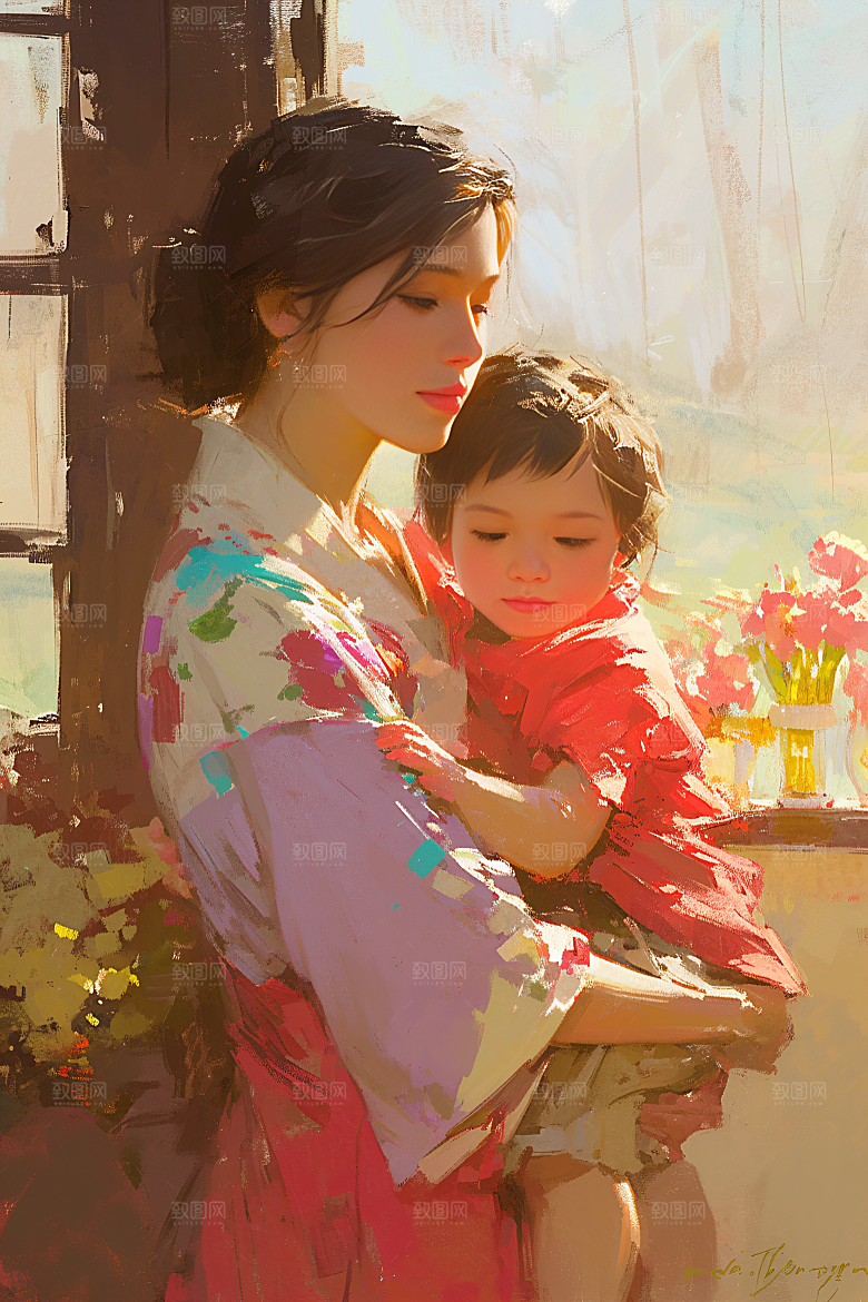 母亲节氛围感亲子人物油画