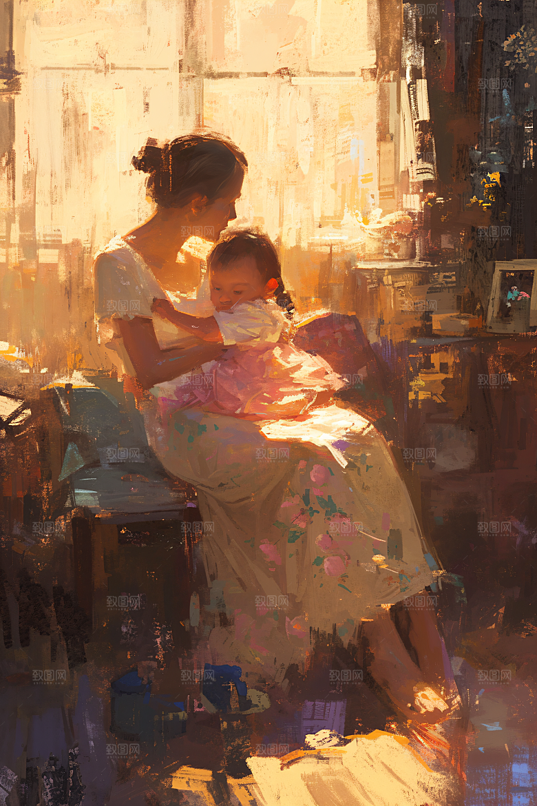 母亲节氛围感母亲与孩子手绘油画