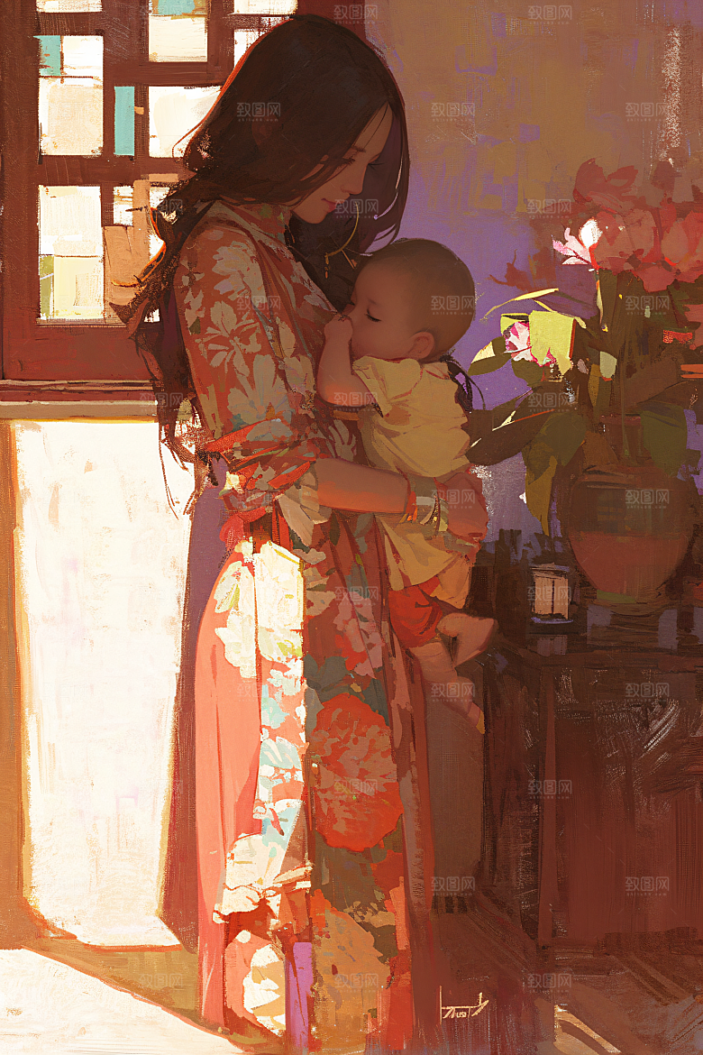 母亲节氛围感亲子母亲与孩子油画