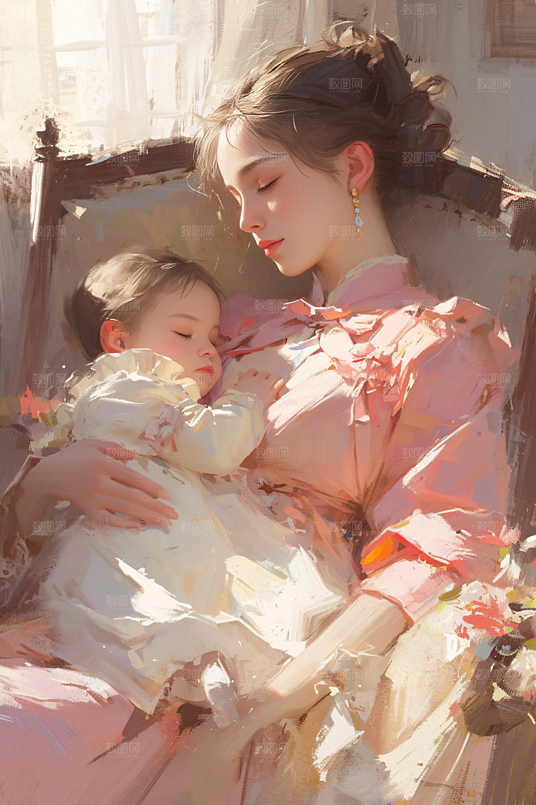 母亲节氛围感母亲与孩子人物油画