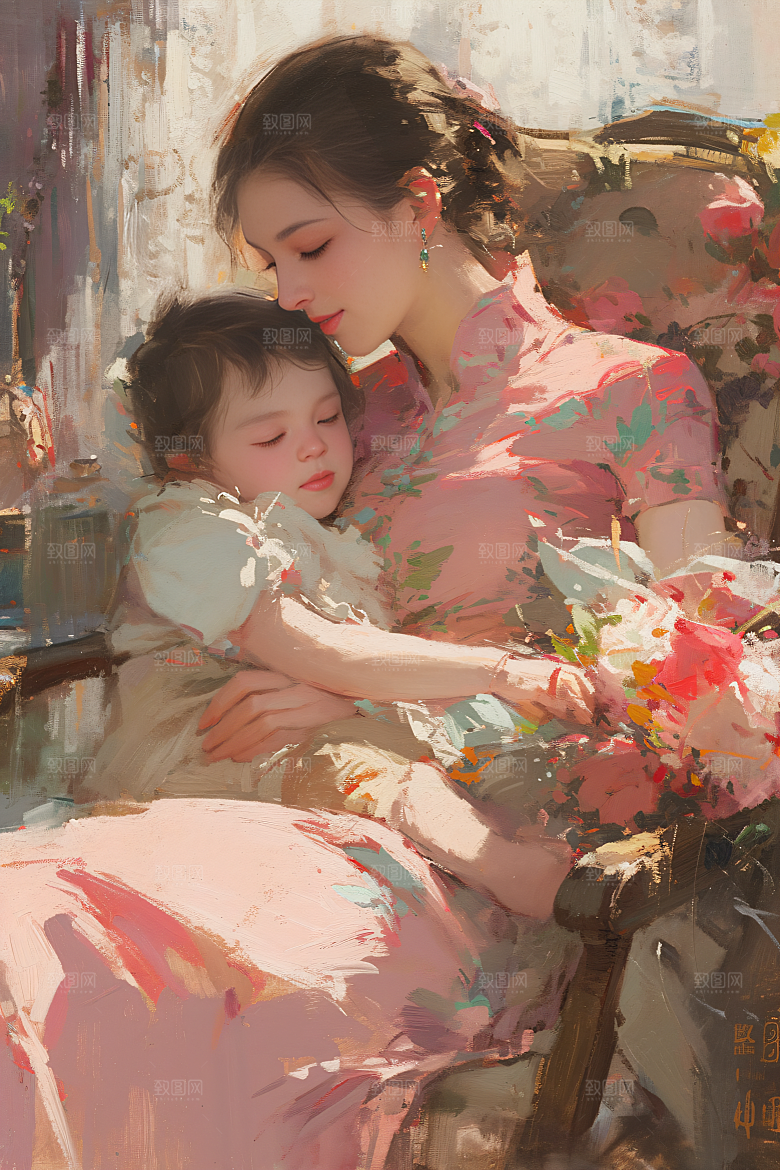 母亲节氛围感亲子人物油画