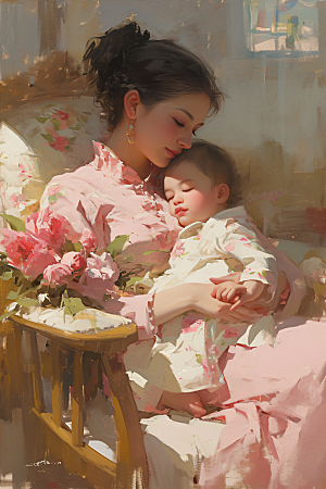 母亲节氛围感母亲与孩子温情油画