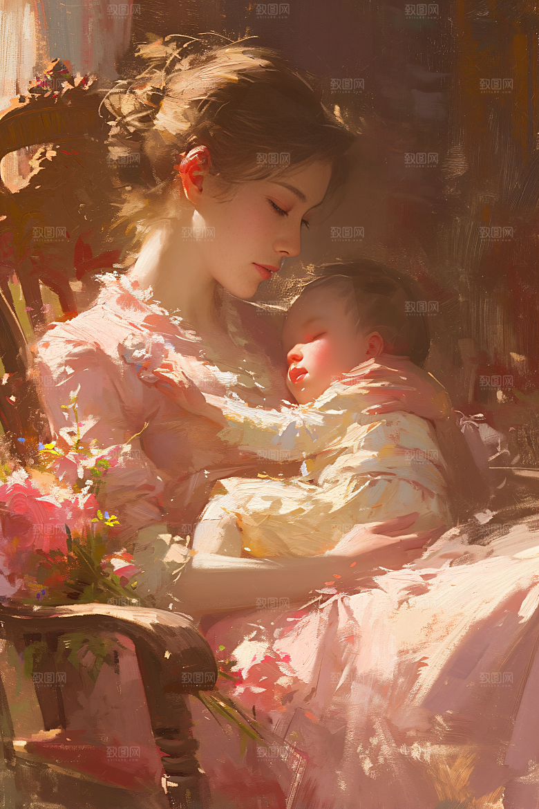 母亲节氛围感母爱母亲与孩子油画