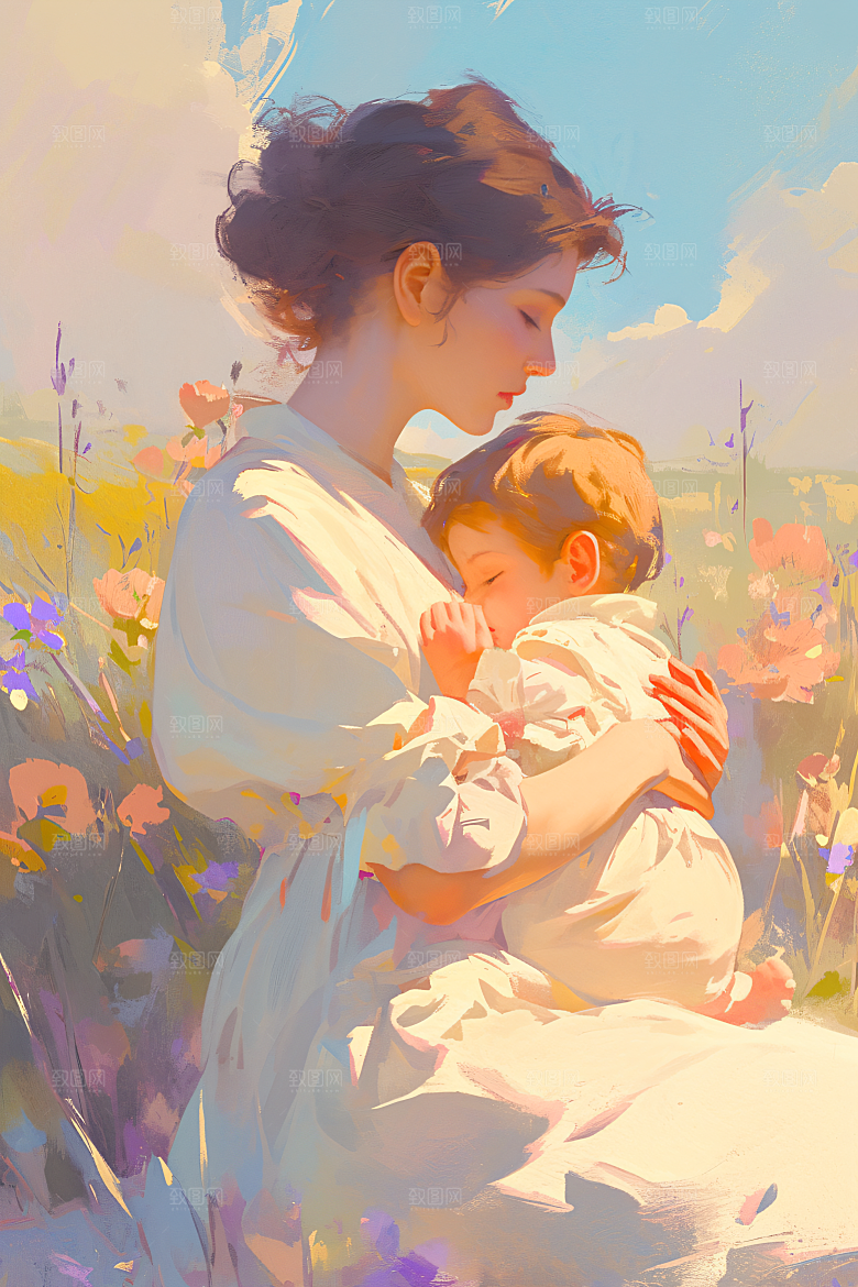 母亲节氛围感母子亲情油画