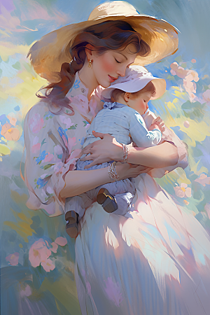 母亲节氛围感母亲与孩子亲子油画