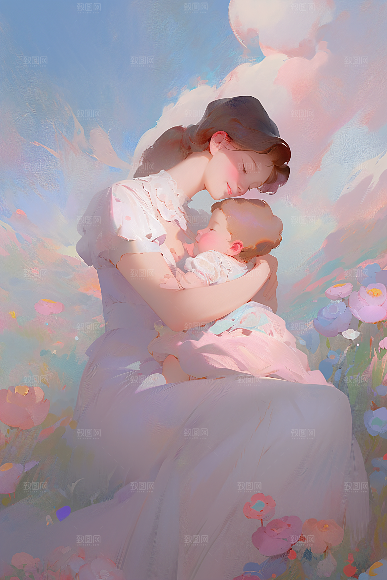 母亲节氛围感温情母亲与孩子油画