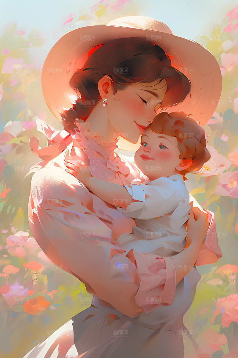 母亲节氛围感手绘母亲与孩子油画