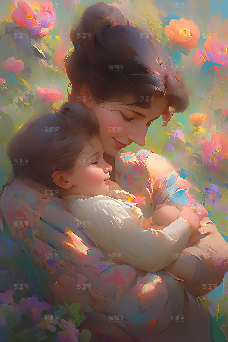 母亲节氛围感人物母子油画