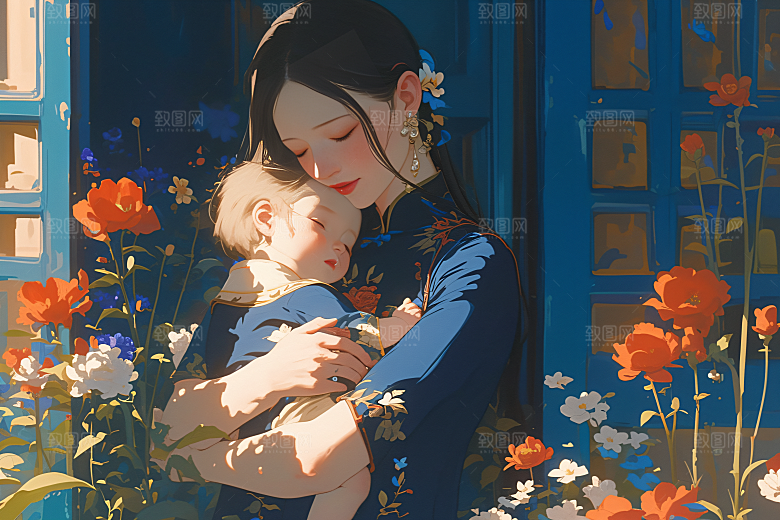 母亲节氛围感人物母子油画