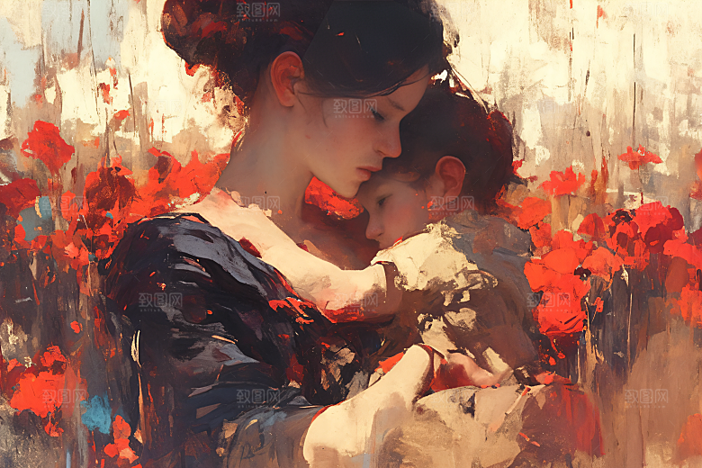 母亲节氛围感母子人物油画