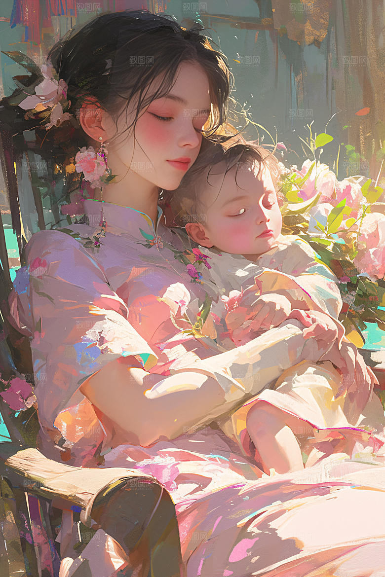 母亲节氛围感母亲与孩子母子油画