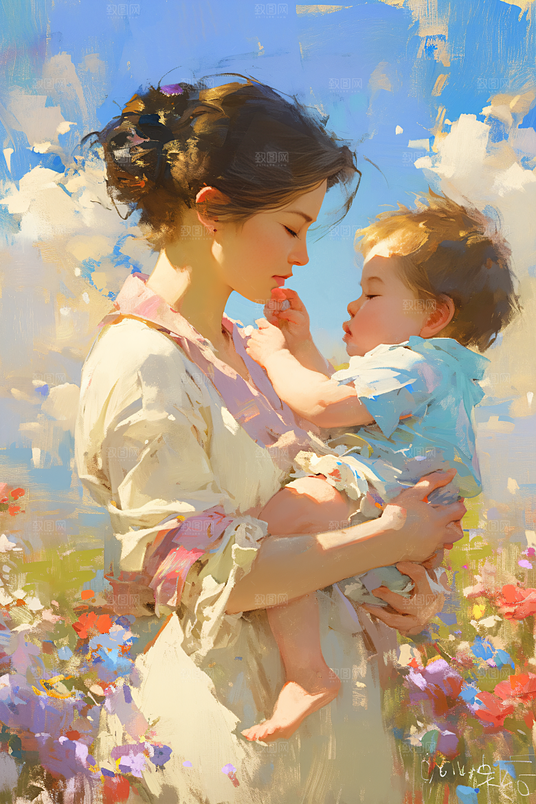 母亲节氛围感母亲与孩子人物油画