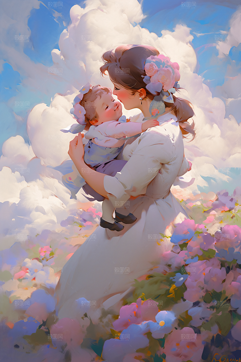 母亲节氛围感母爱母亲与孩子油画