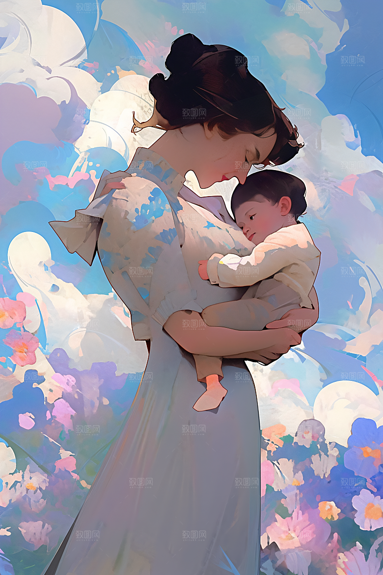 母亲节氛围感亲情母亲与孩子油画