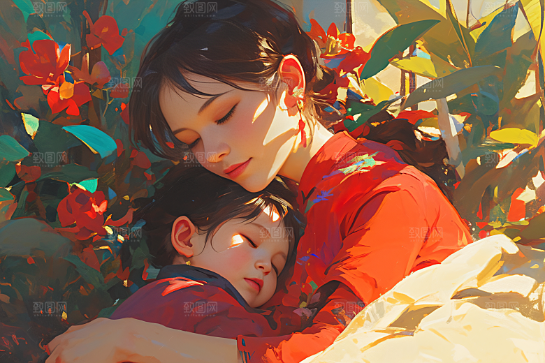 母亲节氛围感母亲与孩子温情油画