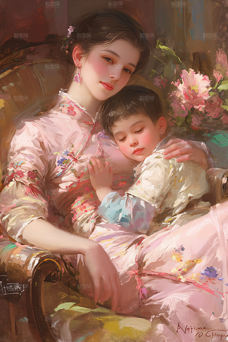 母亲节氛围感母子亲子油画