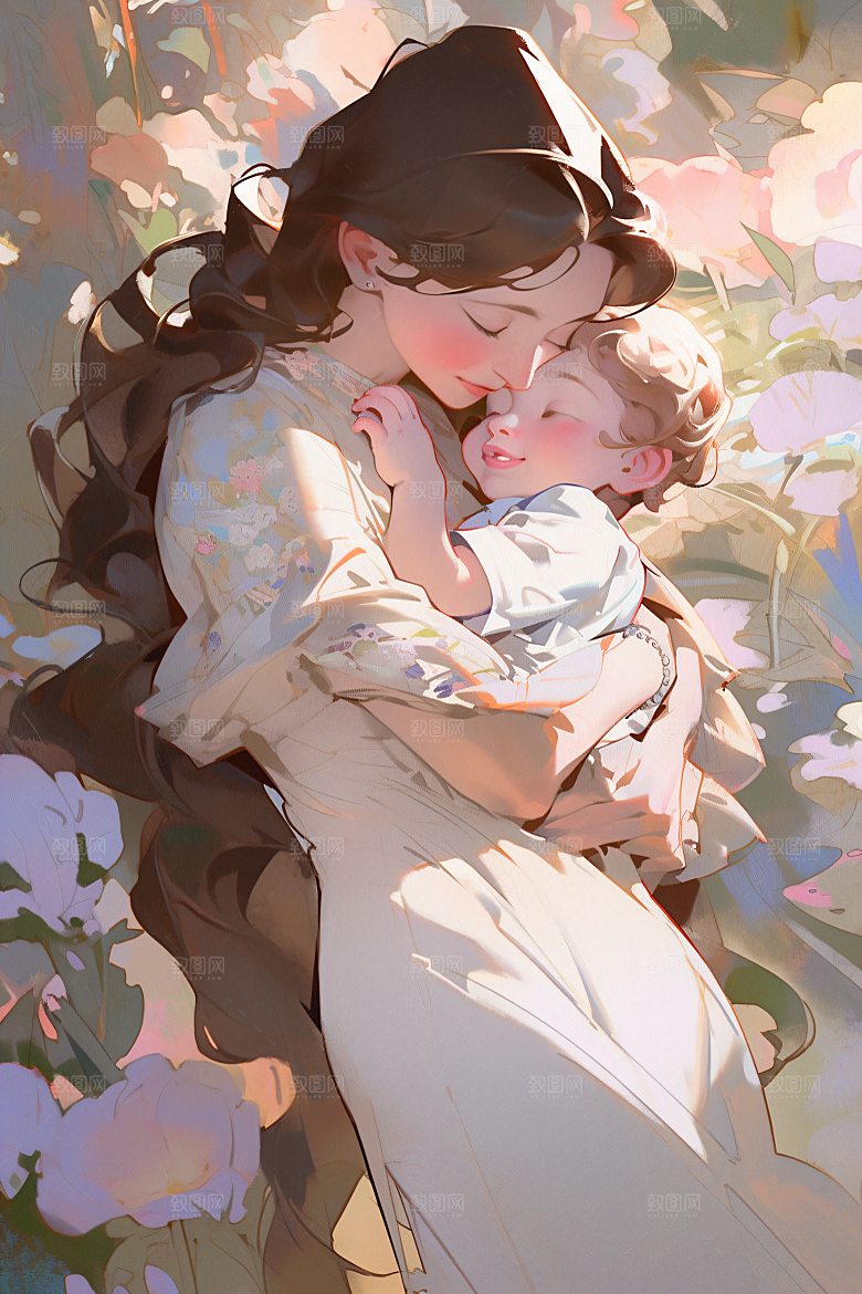 母亲节氛围感手绘母子油画