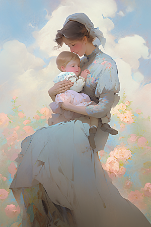 母亲节氛围感母亲与孩子温馨油画