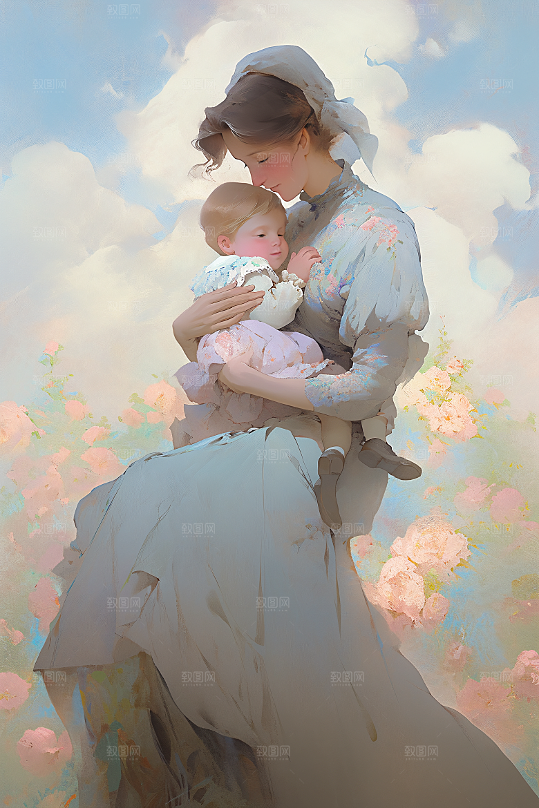 母亲节氛围感母亲与孩子温馨油画