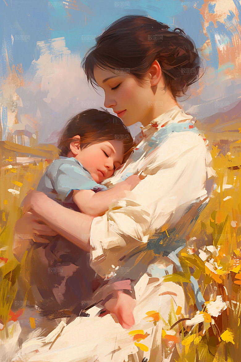 母亲节氛围感手绘母爱油画
