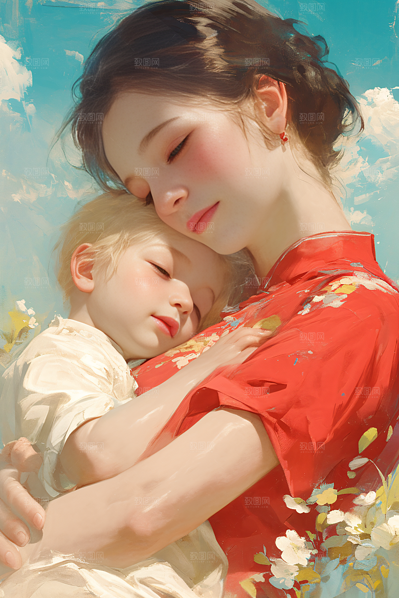 母亲节氛围感人物母亲与孩子油画