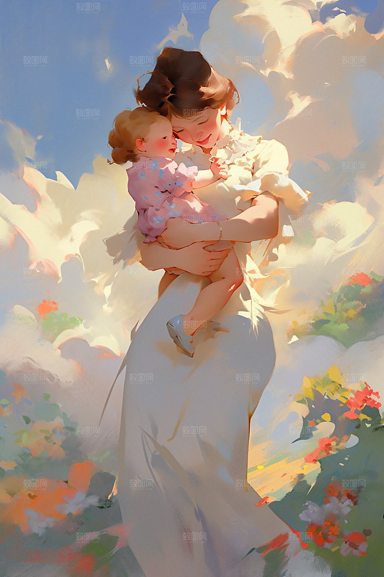 母亲节氛围感亲子家庭油画