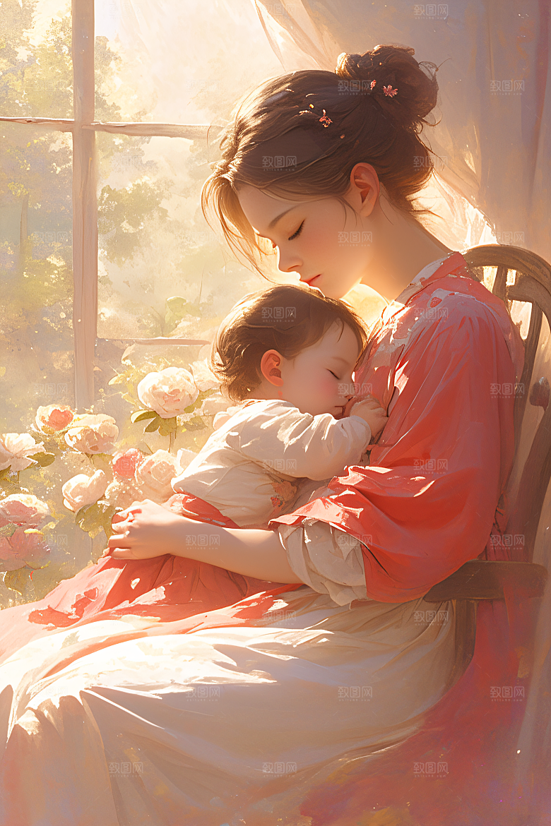 母亲节氛围感亲子母亲与孩子油画